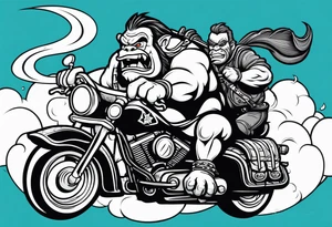 Ogre riding a Harley with ape hanger handlebars tattoo idea