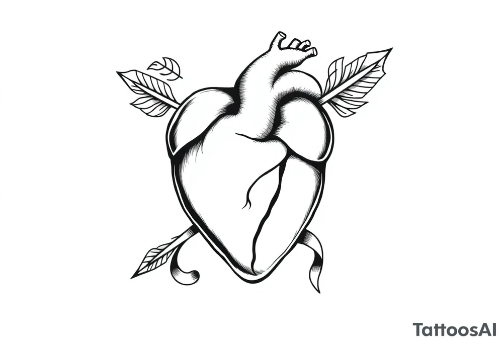 anatomical heart pierced by ornate arrow with flowing ribbons tattoo idea
