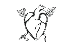 anatomical heart pierced by ornate arrow with flowing ribbons tattoo idea