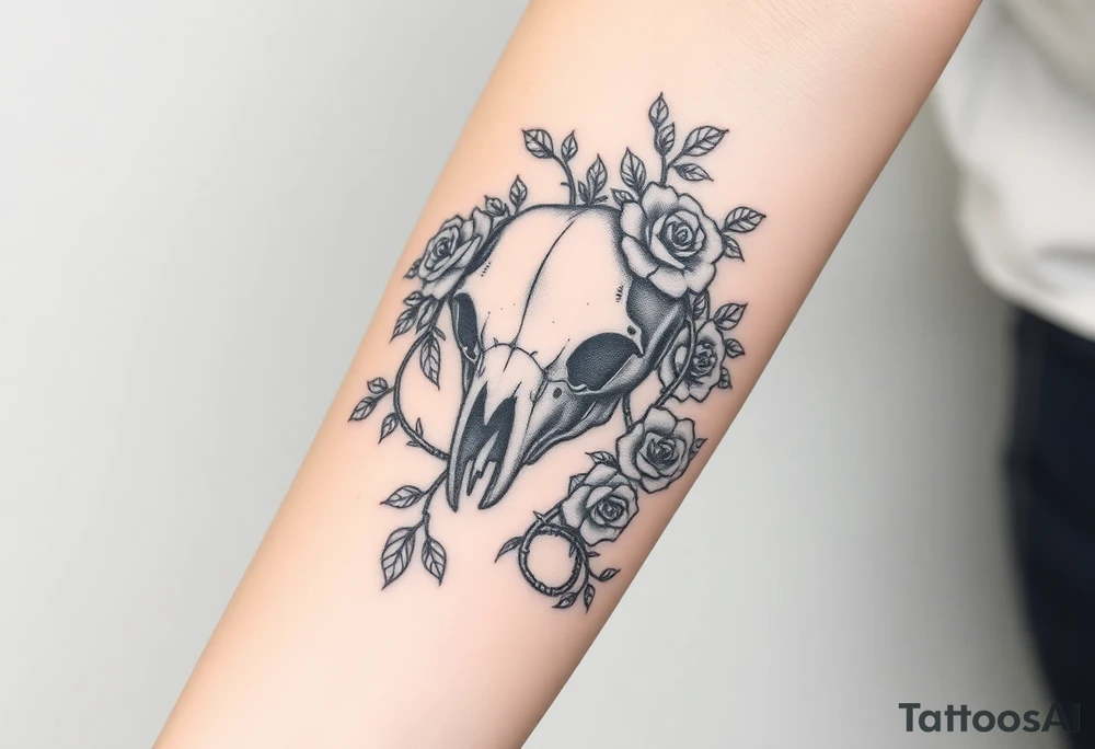 bear skull intertwined with climbing roses and thorny vines tattoo idea
