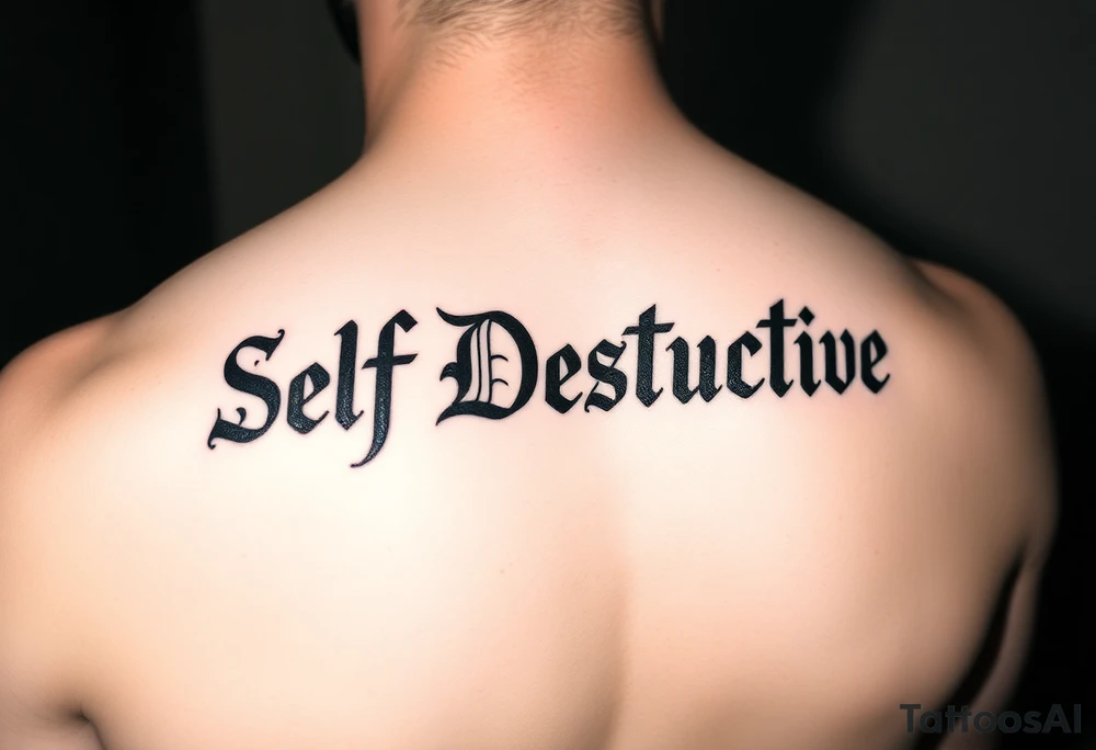 Outline of the words “Self Destructive” in a bold and thick gothic black letter cursive/ curly font lettering across the chest tattoo idea