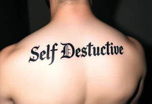 Outline of the words “Self Destructive” in a bold and thick gothic black letter cursive/ curly font lettering across the chest tattoo idea