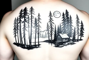 Black and white tattoo.  Tall trees in the woods surrounded by a lake.  With a cabin to the right front.  And a moon reflecting off the lake. tattoo idea