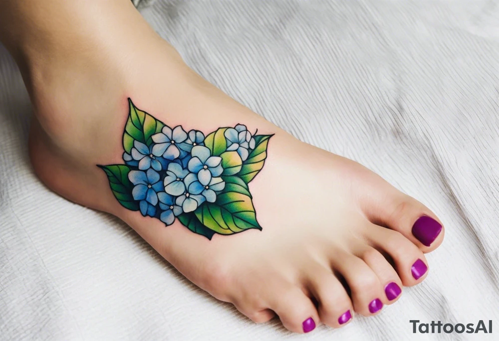 small tattoo of a pastel blue flip flop surrounded by blue and periwinkle hydrangea flowers with green leaves tattoo idea