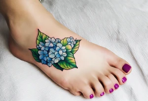 small tattoo of a pastel blue flip flop surrounded by blue and periwinkle hydrangea flowers with green leaves tattoo idea