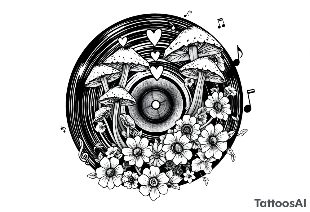 vinyl record with mushrooms, flowers, hearts, and music notes tattoo idea