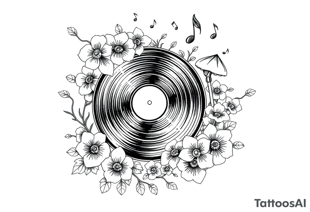 vinyl record player surrounded by flowers, mushrooms, and music notes tattoo idea