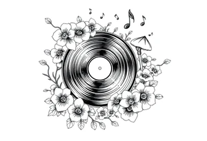 vinyl record player surrounded by flowers, mushrooms, and music notes tattoo idea