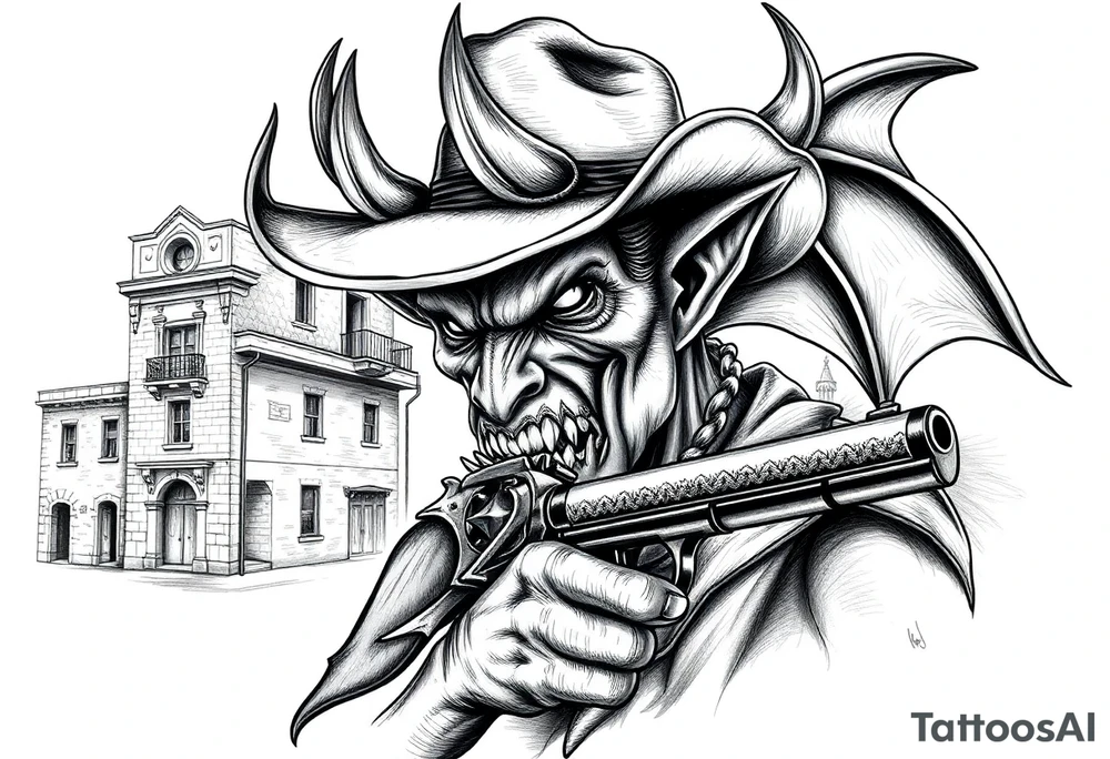 a demon with cowboy-hat ,a gun in a hand, old buildings in the background. tattoo idea