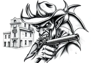 a demon with cowboy-hat ,a gun in a hand, old buildings in the background. tattoo idea