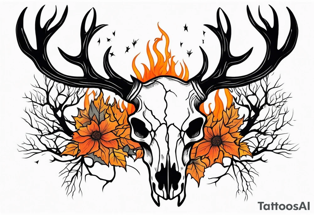 Halloween side profile of a DECAYING deer skull JUST BONE surrounded by a flames and trees in background tattoo idea