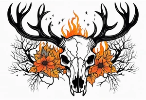 Halloween side profile of a DECAYING deer skull JUST BONE surrounded by a flames and trees in background tattoo idea