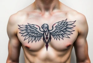Angel black and red on left chest male tattoo idea