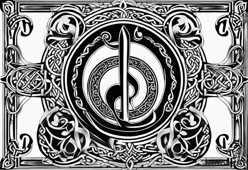 Celtic styling, anchor, bass clef note, treble clef note, dog paw print, half sleeve, forearm tattoo idea