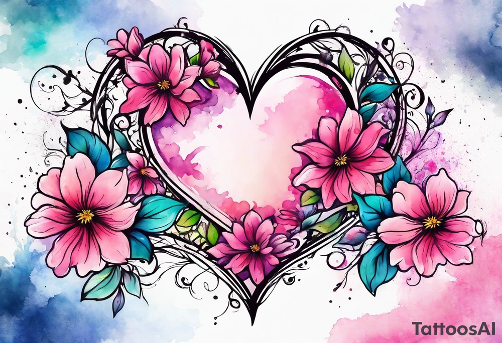 Flowers around a heart with pink splatter water color background tattoo idea
