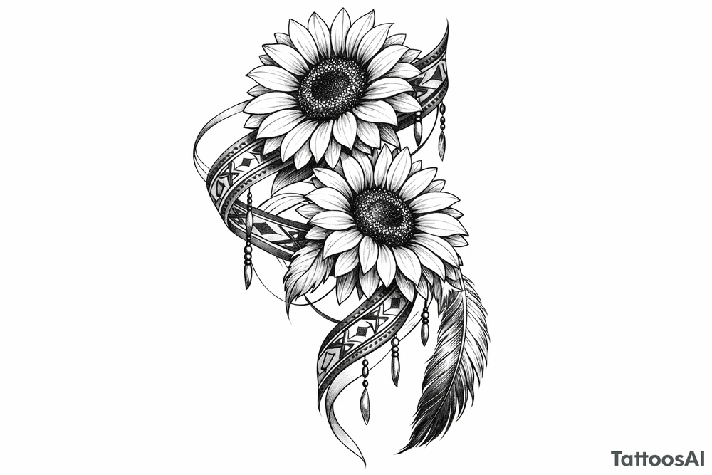 2 cascading sunflowers wrapped in Native American ribbon with a feather tattoo idea