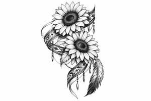 2 cascading sunflowers wrapped in Native American ribbon with a feather tattoo idea