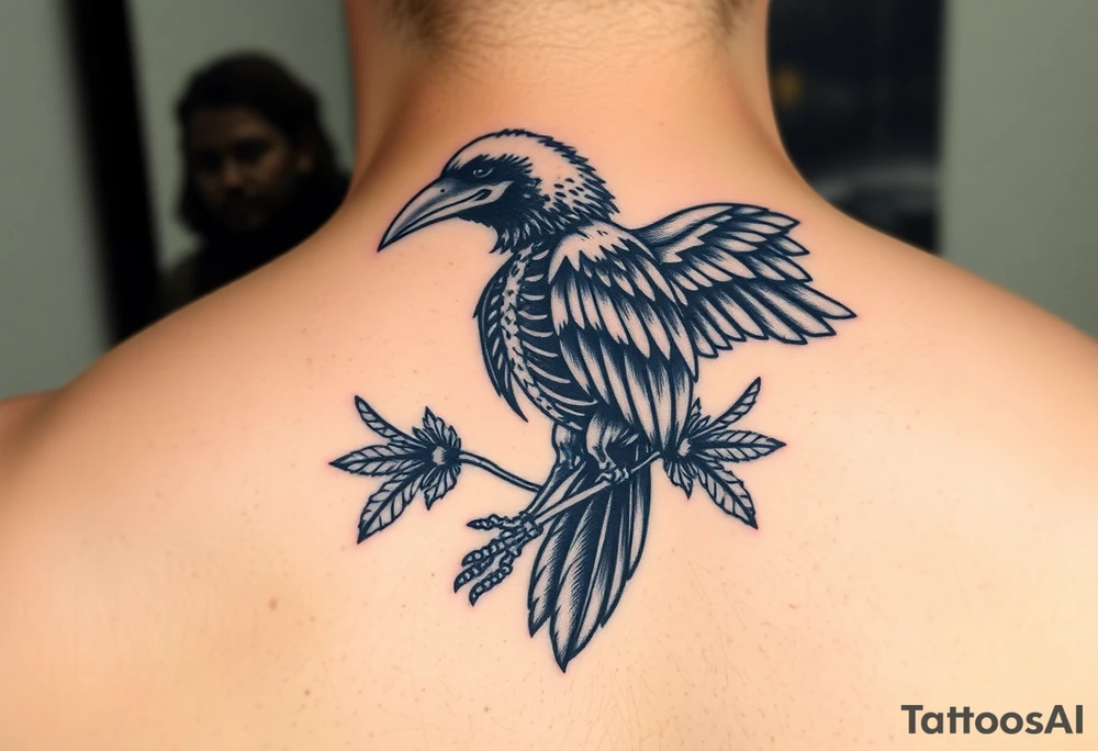 Raven skeleton with peackock feathers and ornaments around tattoo idea