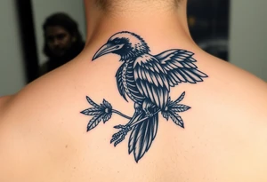 Raven skeleton with peackock feathers and ornaments around tattoo idea