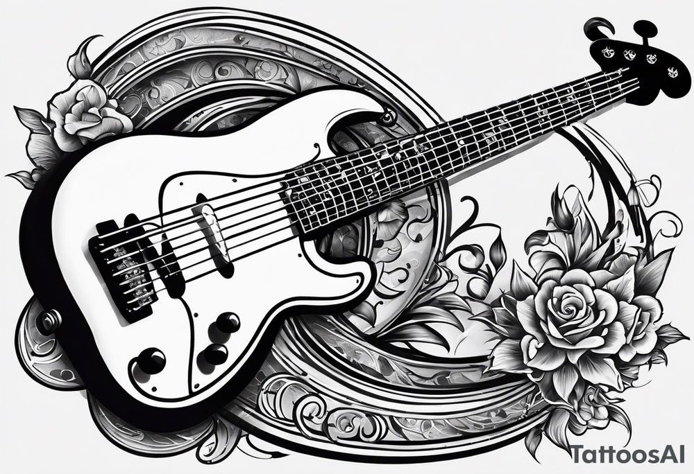 A well balanced tattoo full left arm with the following images: a bass guitar, 2 stars, 1 quarter moon, a caduceus symbol and a mickey mouse tattoo idea