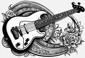 A well balanced tattoo full left arm with the following images: a bass guitar, 2 stars, 1 quarter moon, a caduceus symbol and a mickey mouse tattoo idea