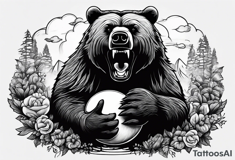 a big growling bear and a tiny hedgehog that stands hand has a balloon is his hands
together. tattoo idea