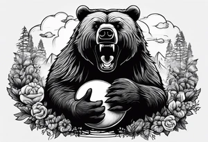 a big growling bear and a tiny hedgehog that stands hand has a balloon is his hands
 together. tattoo idea