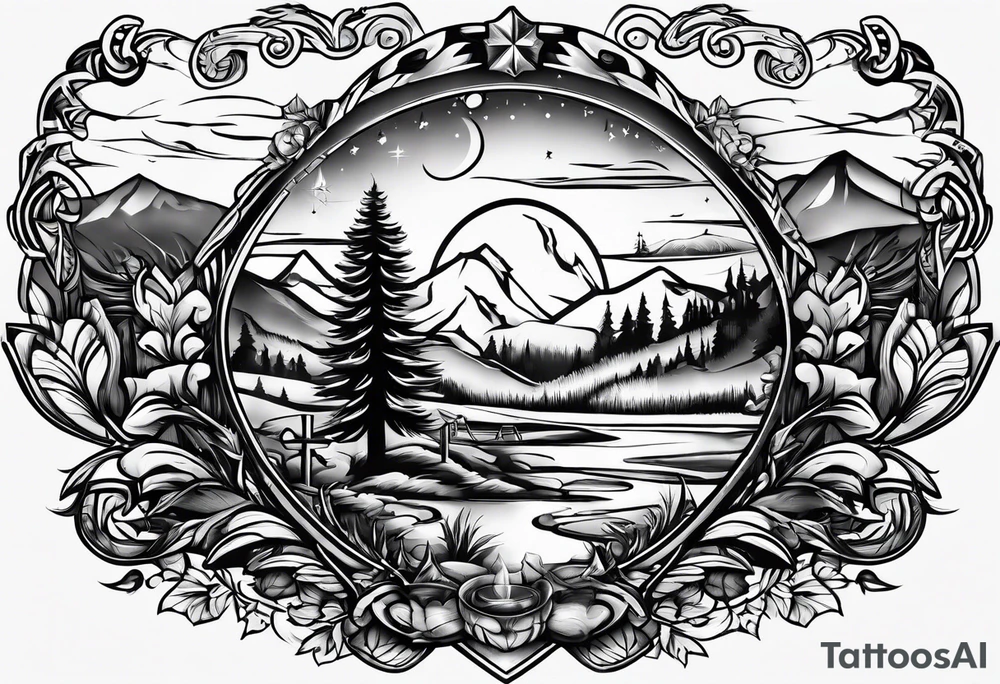 cross, campfire, golf , whiskey glass, cabin tattoo idea
