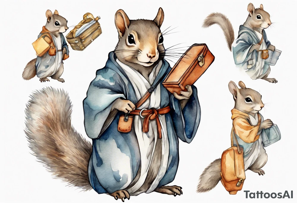 medieval grey squirrel in robe carrying a large satchel tattoo idea