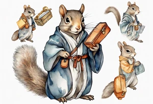 medieval grey squirrel in robe carrying a large satchel tattoo idea