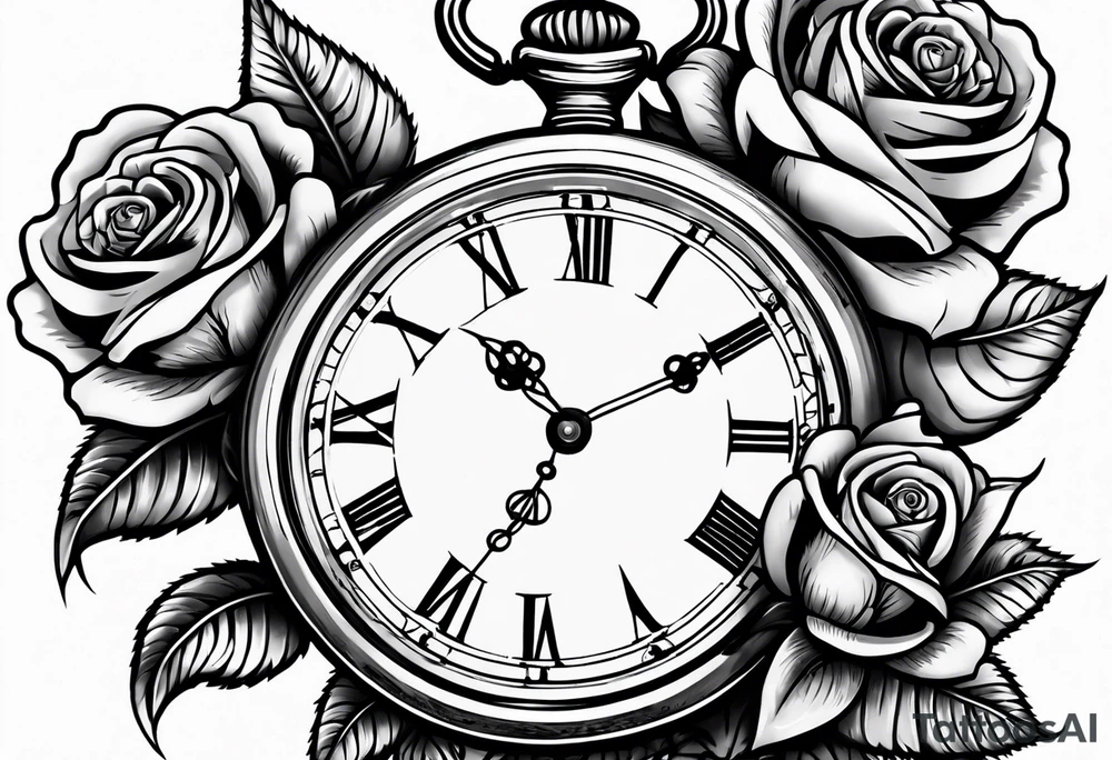 Pocket watch with chain and roses tattoo idea