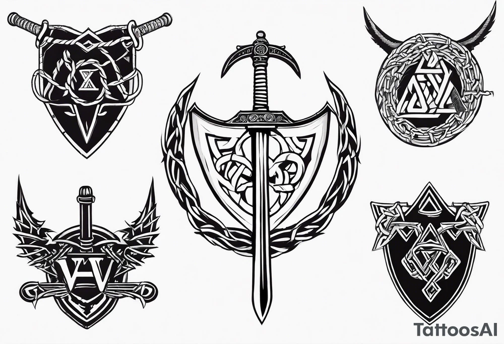 Valhalla sword shield dragon axe Valknut barbed wire chains tattoo idea Valhalla sword shield dragon axe Valknut barbed wire chains tattoo idea