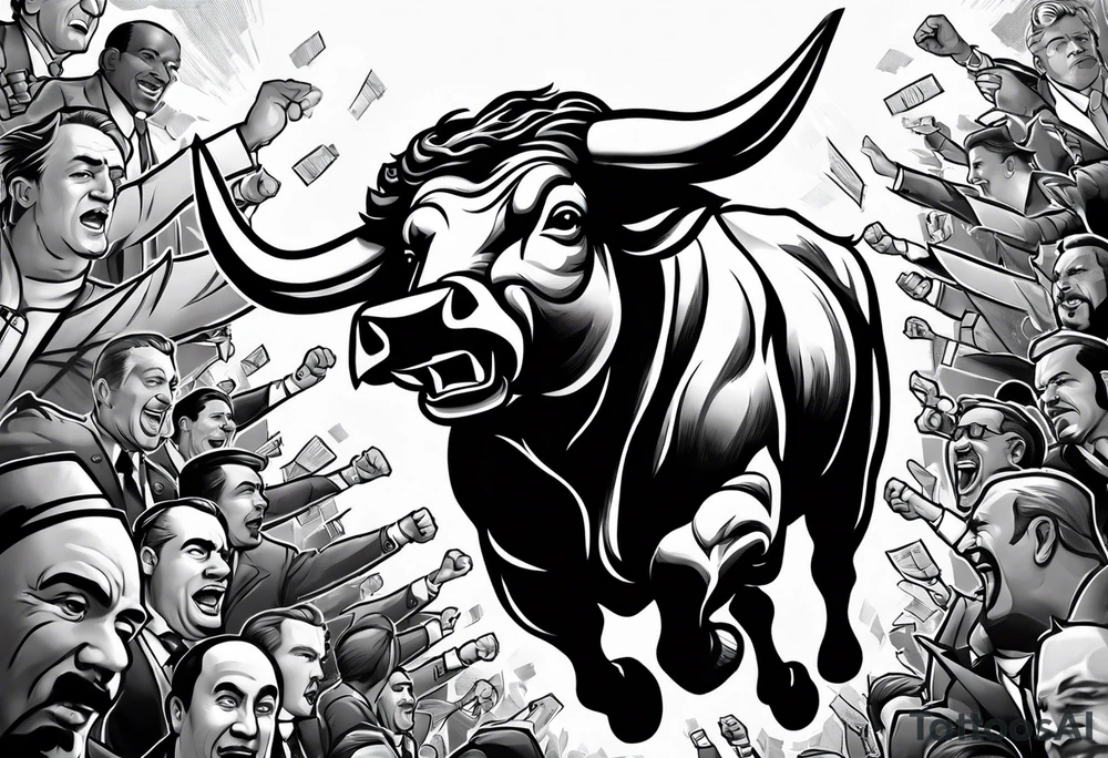 raging bull head busting through crowd of businessmen tattoo idea