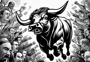 raging bull head busting through crowd of businessmen tattoo idea