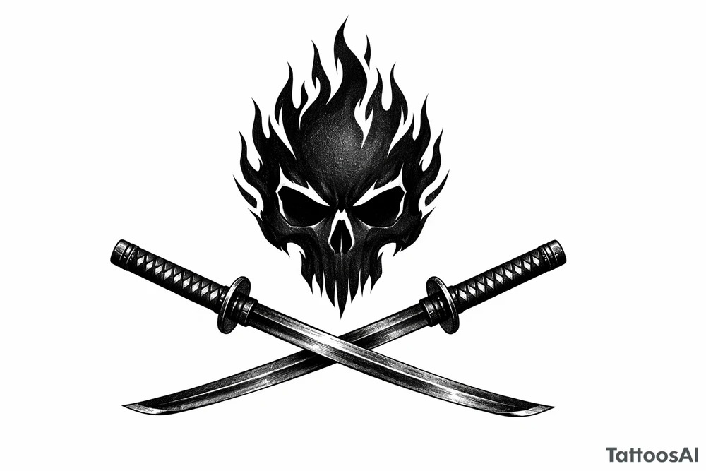 A minimalist skull silhouette with sharp flame outlines, crossed katanas crossed below. tattoo idea