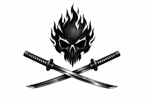 A minimalist skull silhouette with sharp flame outlines, crossed katanas crossed below. tattoo idea