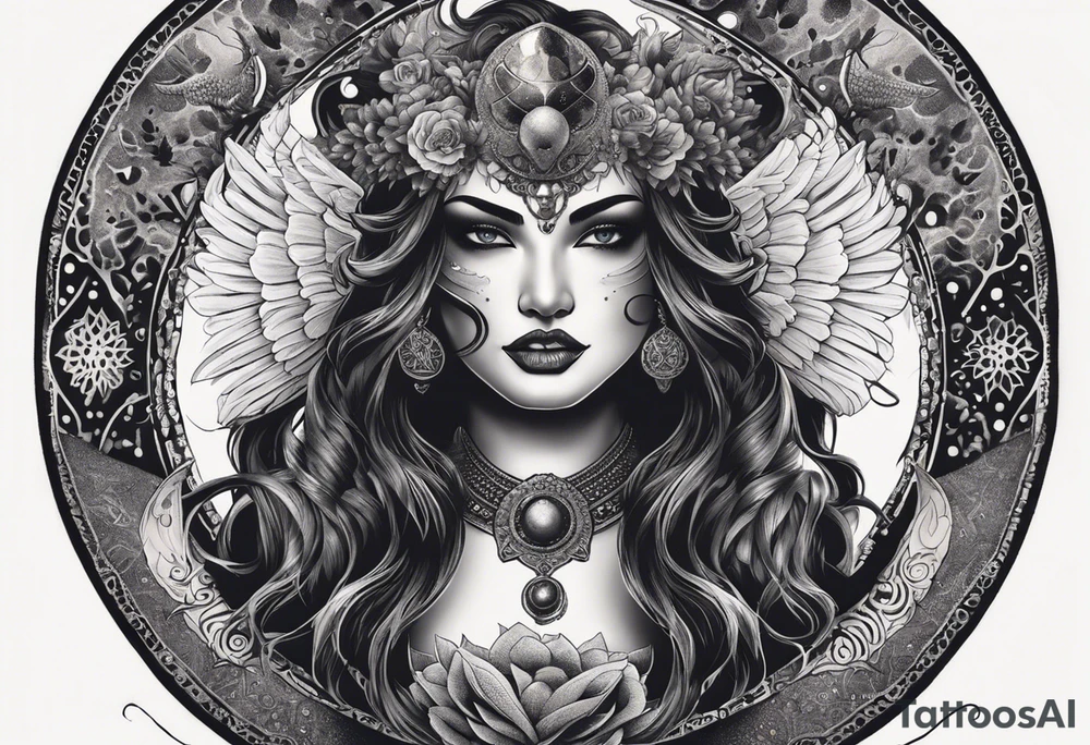 black kali, goddess pirate, alien, angel, pachamama, valkrye, warrior, flying, skull, lotus azul, wing, eagle, zenza resonance, stars, 5D, anahata chakra, death, durga, riding on a tiger, flying lady, kundalini, chest tatoo, samuri, rebel,serpent tattoo idea
