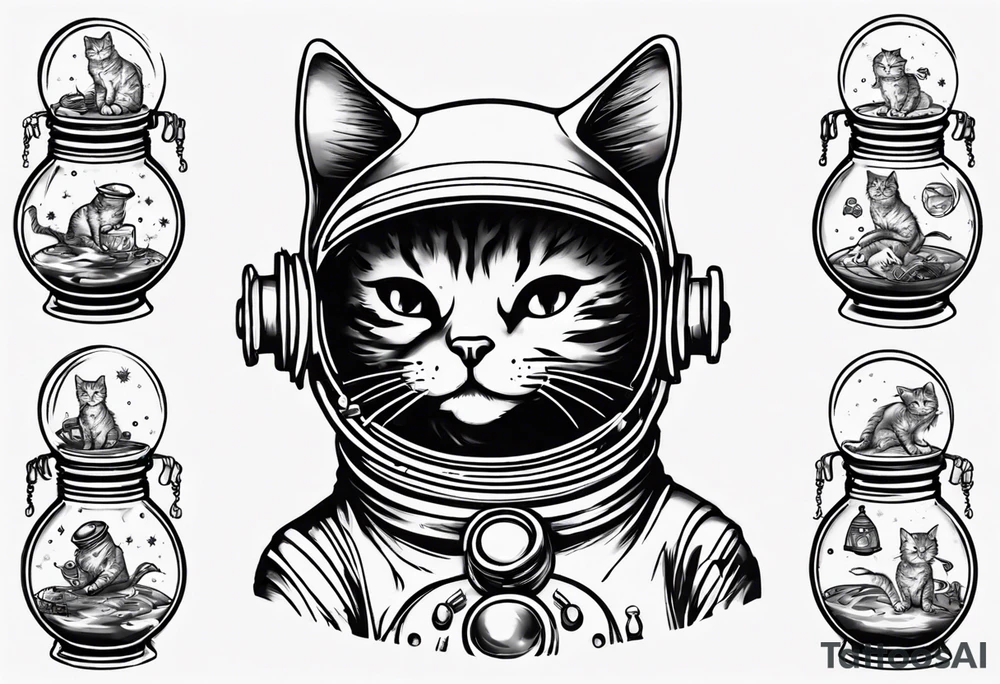 Space cat with a fish bowl on head tattoo idea