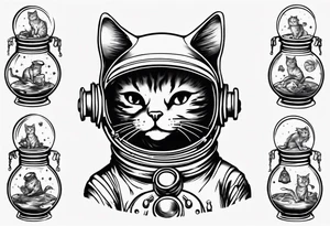 Space cat with a fish bowl on head tattoo idea