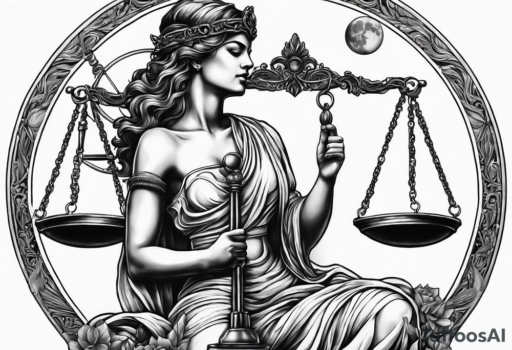Themis holding the scales of justice while blindfolded with a moon in the background tattoo idea
