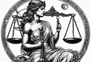 Themis holding the scales of justice while blindfolded with a moon in the background tattoo idea