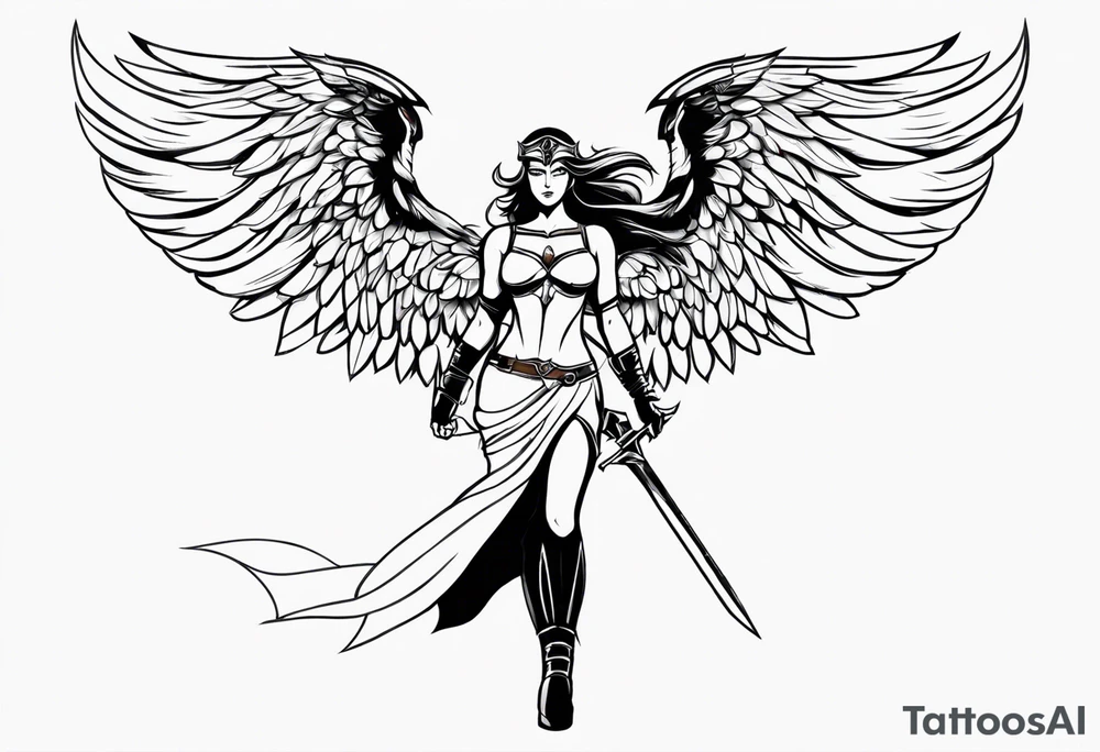 The full body of a Valkyrie with wings tattoo idea