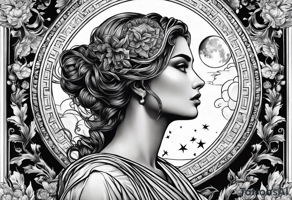 make a beautiful female woman in roman theme. Place the moon in the background tattoo idea