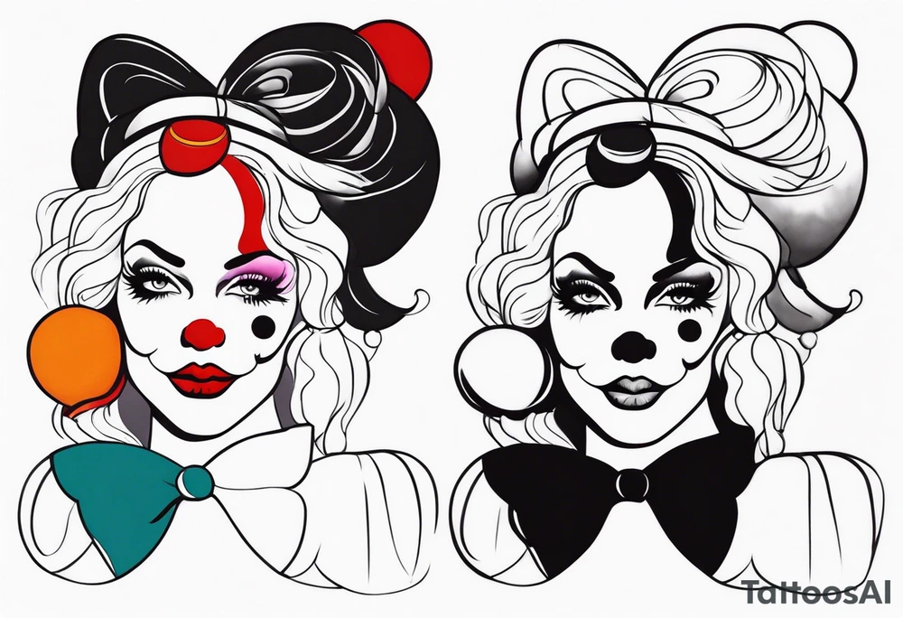 pin up style clown woman full body tattoo idea