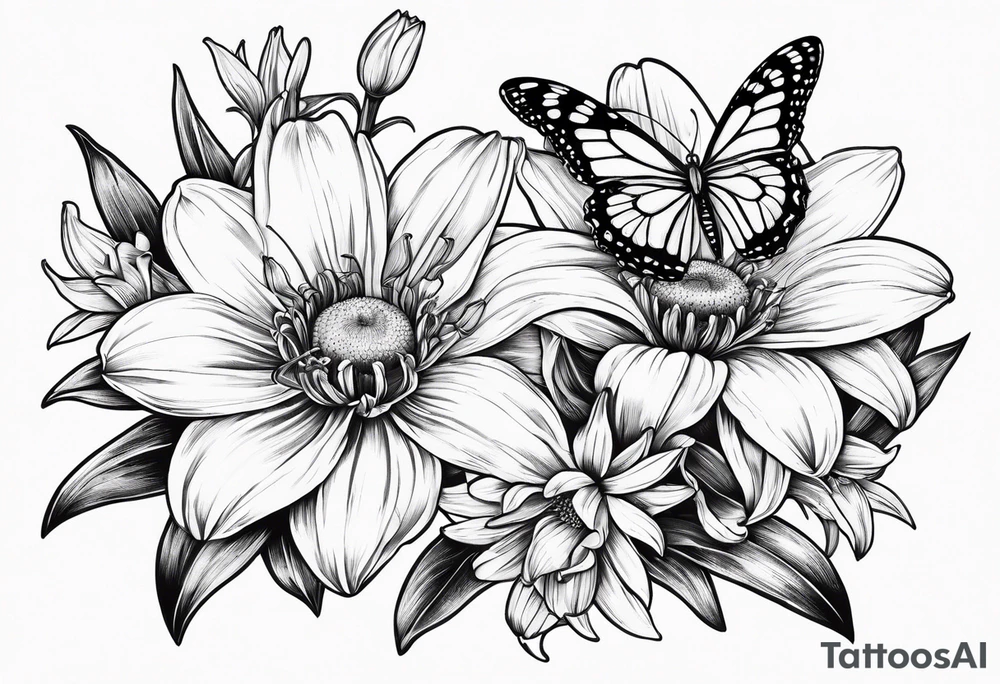 Wild flower of lily daisy and daffodil with butterfly tattoo idea