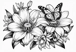 Wild flower of lily daisy and daffodil with butterfly tattoo idea