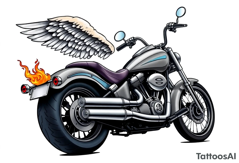 Low rider grey motorcycle, big muffler pipes with flames, angel wings, driving away, no person tattoo idea