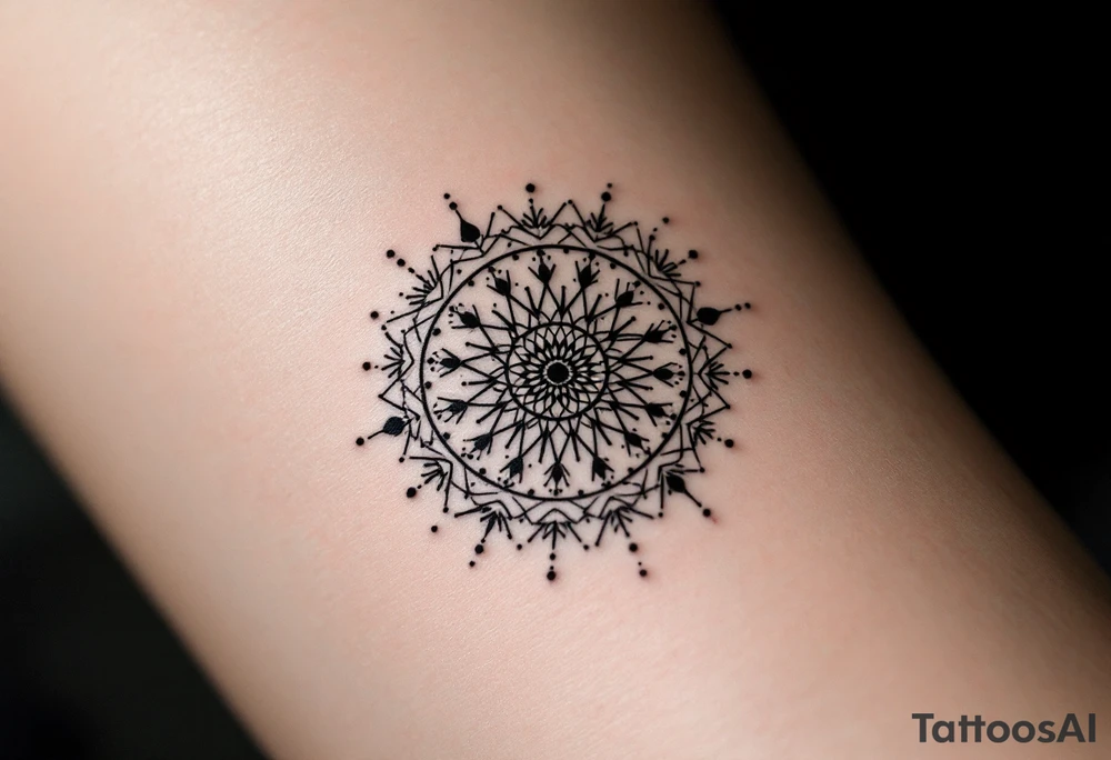 simple, minimalist tattoo, sacred geometry mandala, centerpiece design, dotwork patterns, radiating geometry, symmetrical mandala, geometric shapes, intricate dotwork, sacred patterns, mandala center, geometric radiating, fine line work, black grey shading, minimalist design, no outlines, arm placement, delicate linework, precise geometry, clean symmetry, sacred symbols, geometric precision, dotwork details, mandala focal point, refined patterns, understated complexity, geometric harmony, minimalist tattoo idea