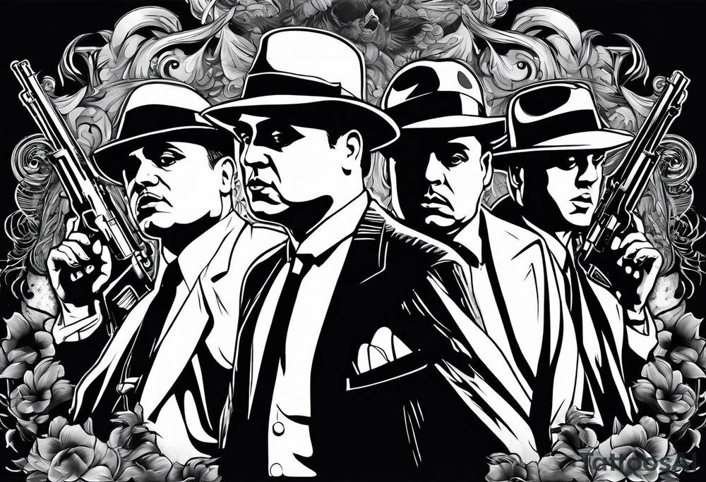 group of gangsters including Al Capone with machine guns surrounded by smoke and fire tattoo idea