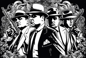 group of gangsters including Al Capone with machine guns surrounded by smoke and fire tattoo idea